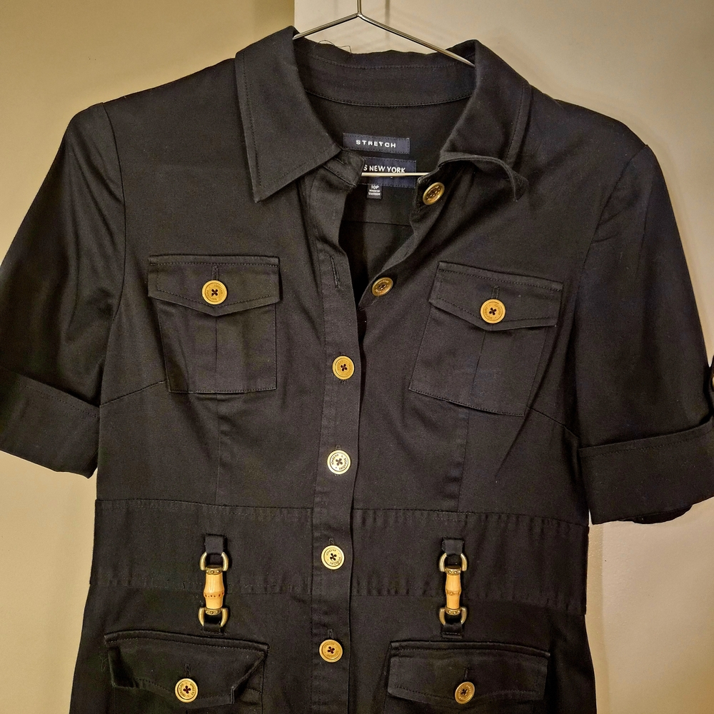 Vintage Jones New York Black Utility Dress with Gold Buttons & Bamboo Accents